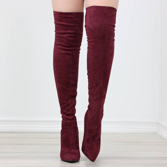 Burgundy Over-the-Knee Boots Pointed Toe Faux Suede Stiletto Heel - Picture 7 of 15